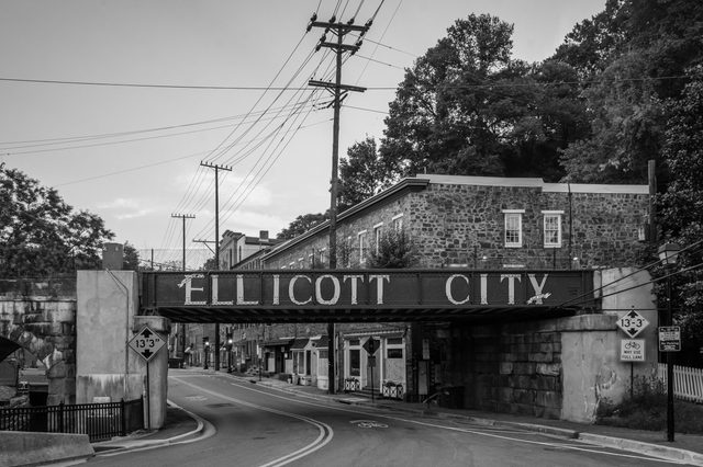 Ellicott City sign on train bridge, in Ellicott City, Maryland