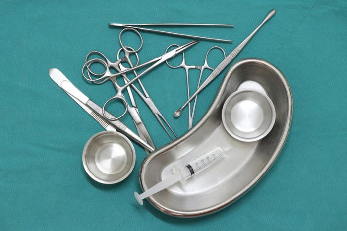 surgical instruments and tools including on a table for a surgery