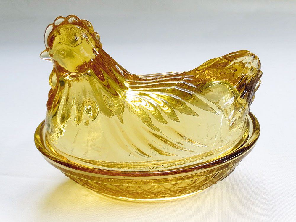 Amber glass hen butter dish