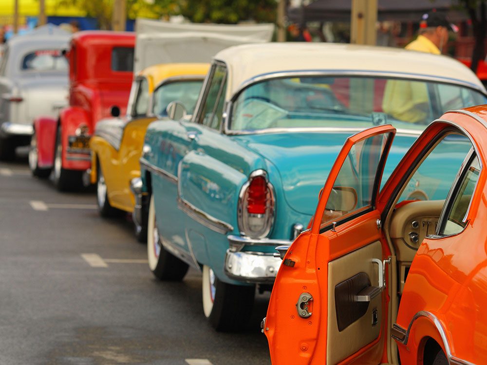 Classic car cruise - row of vintage cars