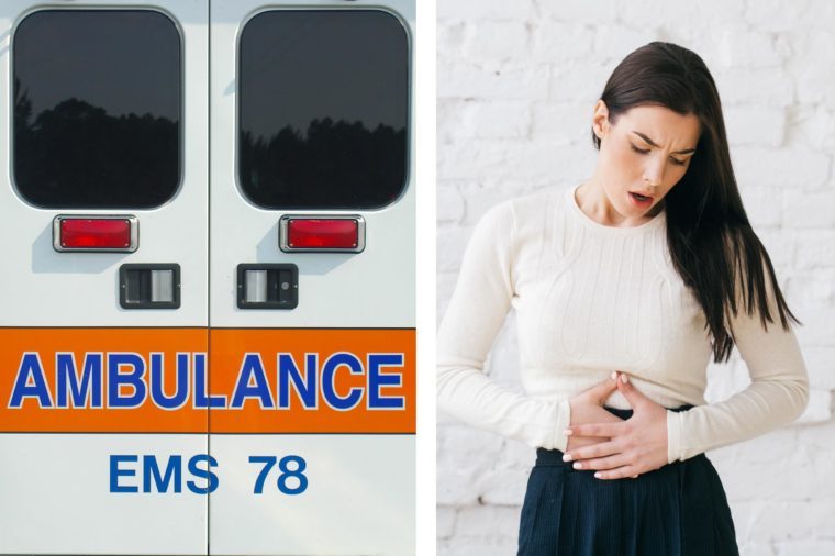 Upper abdominal pain - short of breath woman ambulance doors