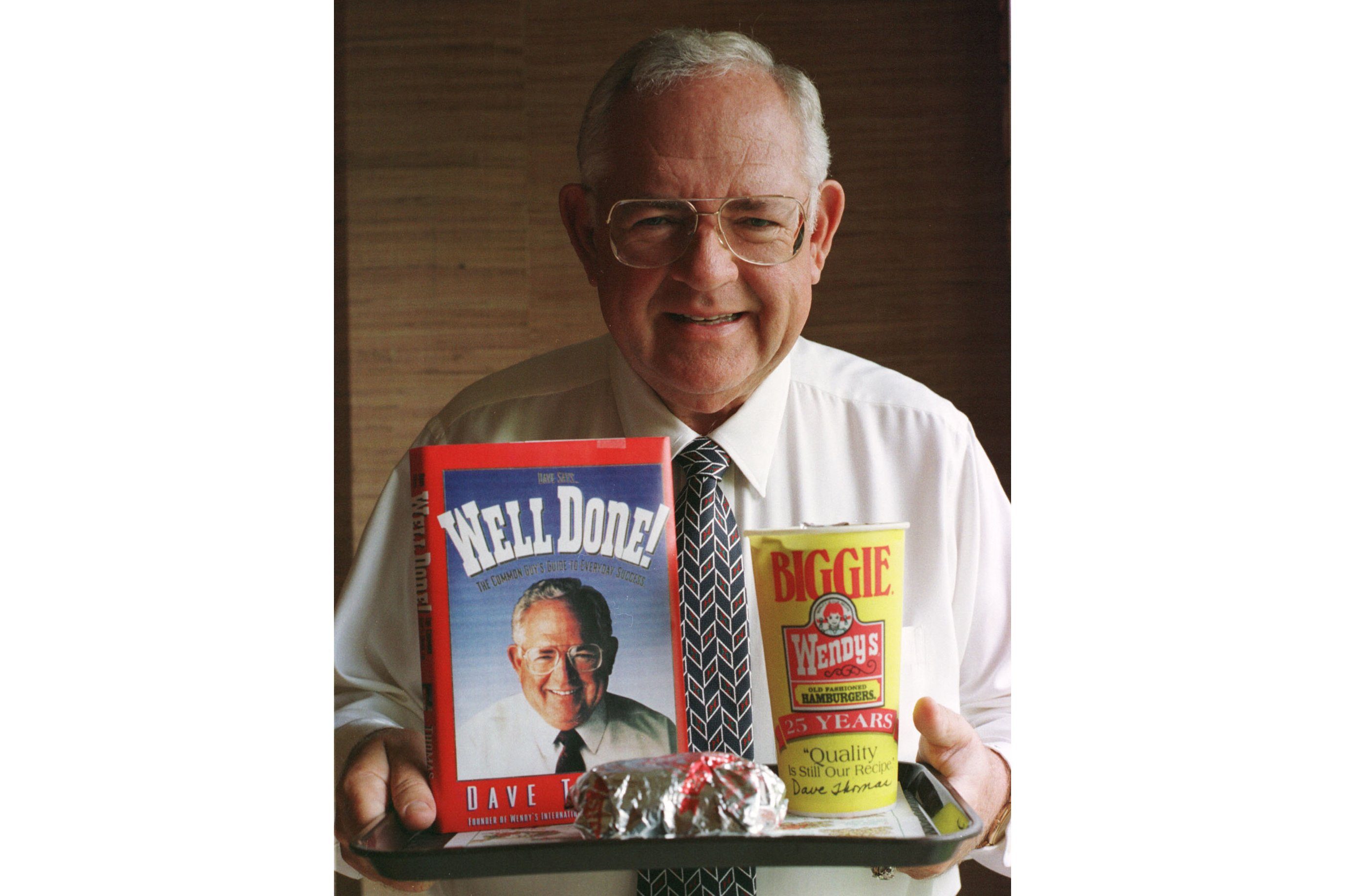 Mandatory Credit: Photo by Chris Kasson/AP/Shutterstock (6582617a) THOMAS Dave Thomas, is shown in this 1994 photo, died around midnight at his home in Fort Lauderdale, Fla., according to Wendy's the company he founded. Thomas, whose homespun ads built Wendy's Old-Fashioned Hamburgers into one of the world's most successful fast-food franchises, had been undergoing dialysis for a kidney problem since early 2001. Thomas had quadruple heart bypass surgery in December 1996 WENDYS DAVE THOMAS, COLUMBUS, USA