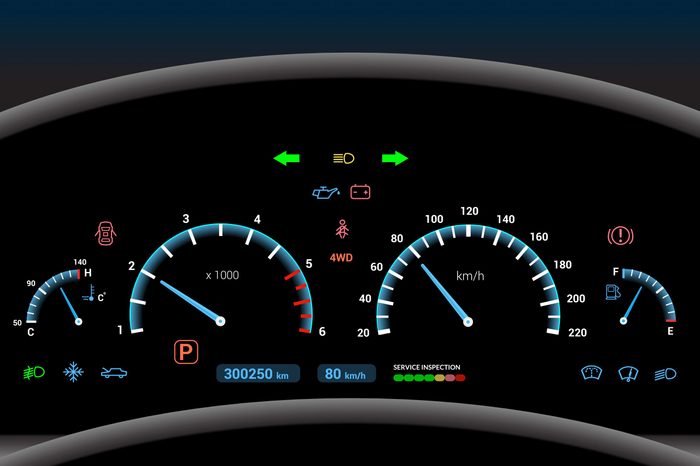 Car dashboard modern automobile control illuminated panel speed display vector illustration