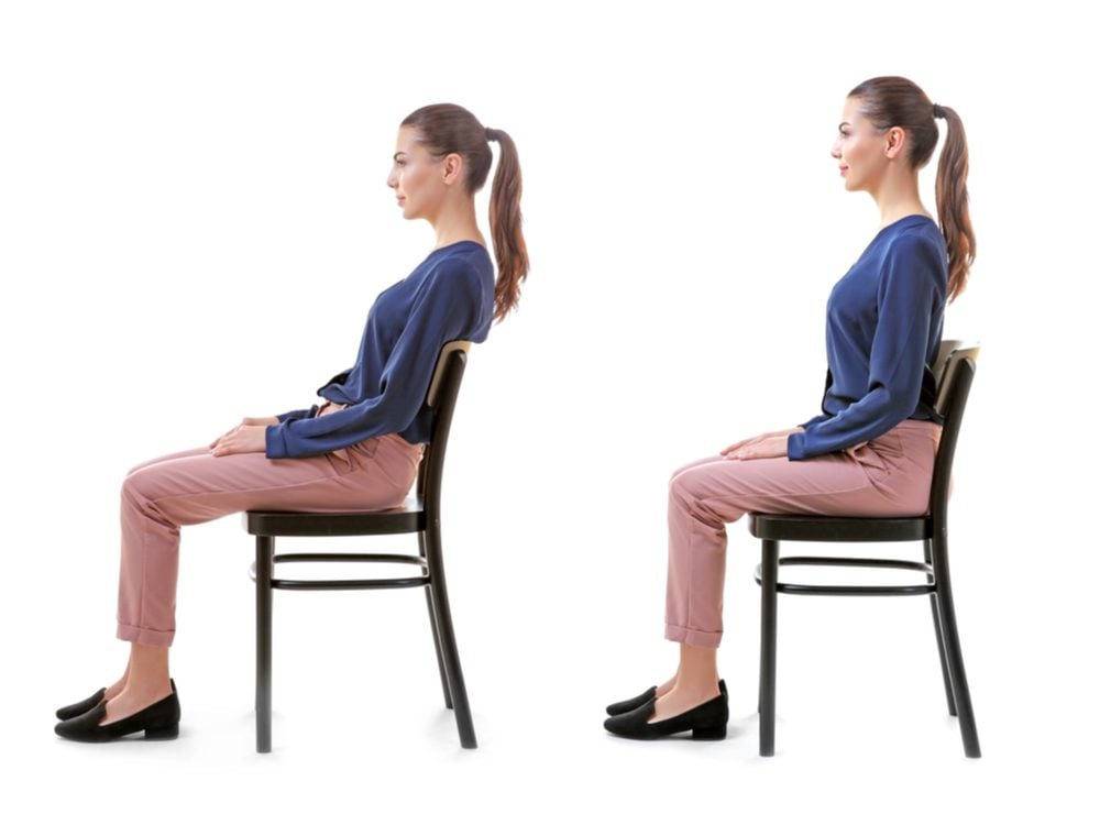 Two images of woman sitting in chair, slouching and upright