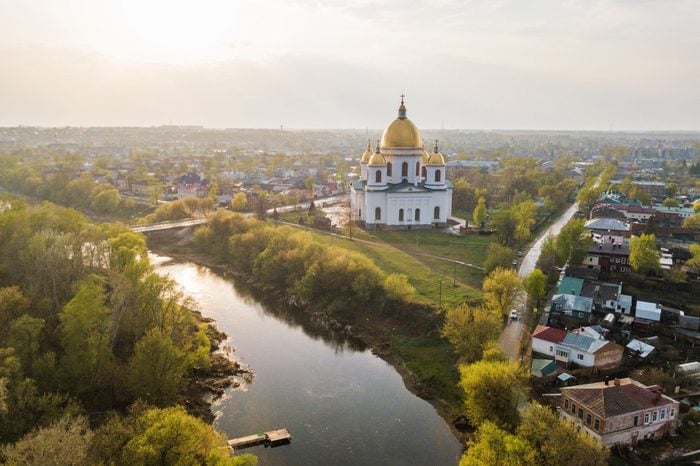 Morshansk city. Spring aerial view. Russia. Trinity Cathedral. River tsna, noise
