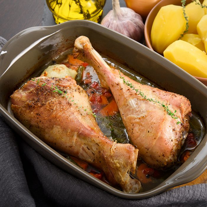 Dinner: roasted turkey legs with vegetables, potato and herbs; Shutterstock ID 1302584431; Job (TFH, TOH, RD, BNB, CWM, CM): TOH