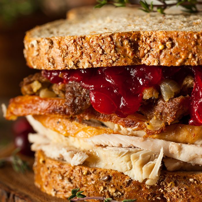 Homemade Leftover Thanksgiving Sandwich with Turkey Cranberries and Stuffing; Shutterstock ID 334602803; Job (TFH, TOH, RD, BNB, CWM, CM): Taste of Home