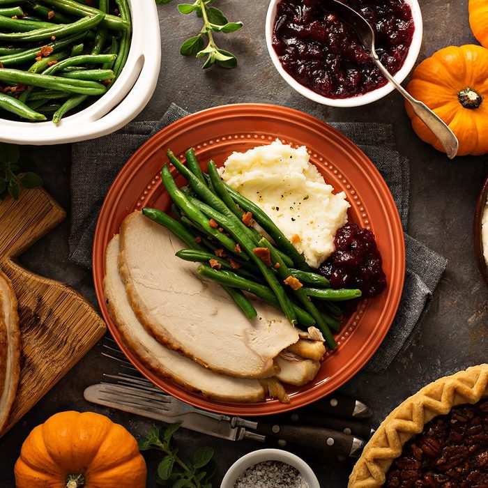 Thanksgiving plate with turkey, mashed potatoes, green beans and cranberry sauce; Shutterstock ID 735091315; Job (TFH, TOH, RD, BNB, CWM, CM): TOH