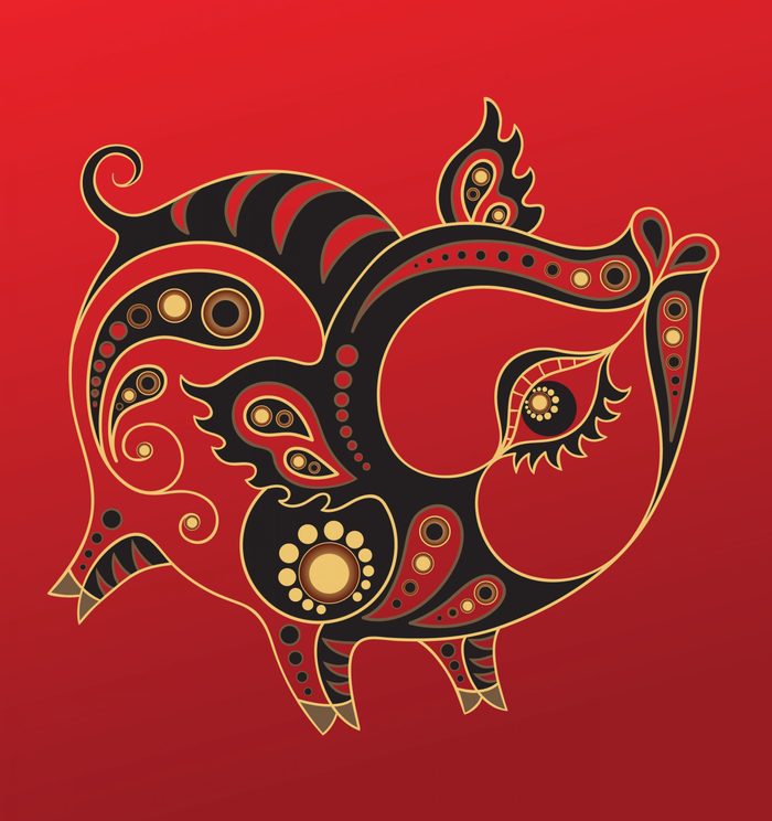 Pig - Chinese horoscope animal sign. The vector art image in decorative style.