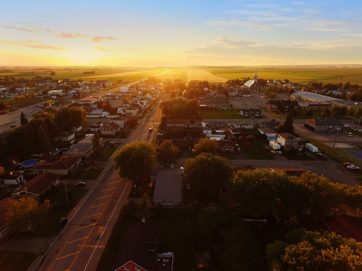 Aerial view of small town as the sun sets