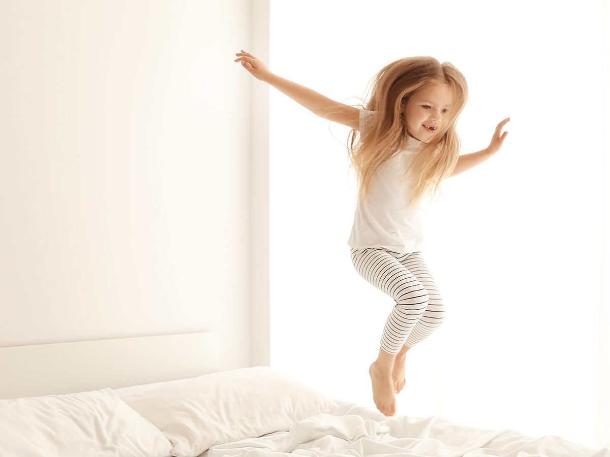Little girl jumping on bed - funny parenting Tweets