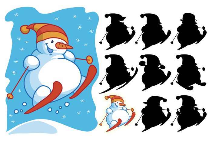 Funny snowman skiing. Find the correct shadow. Educational matching game for children. Cartoon vector illustration