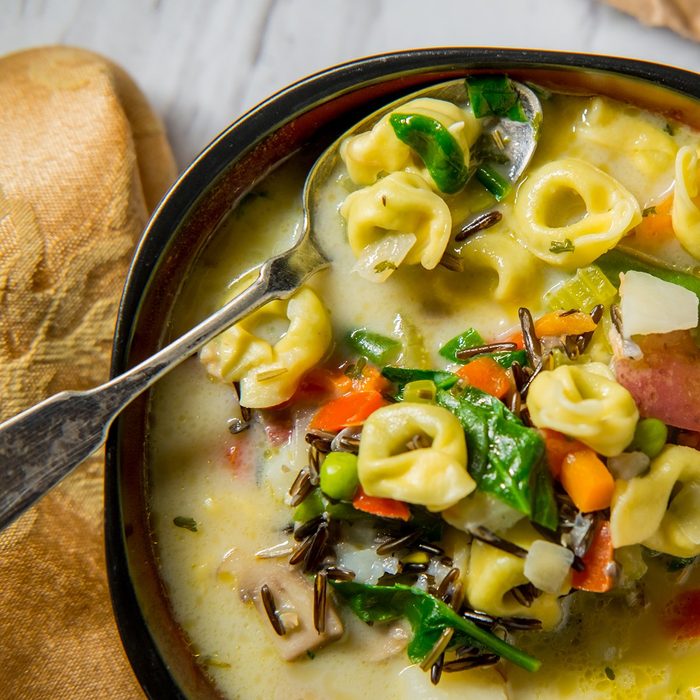 Creamy Italian tortellini wild rice soup with vegetables; Shutterstock ID 1044388684; Job (TFH, TOH, RD, BNB, CWM, CM): TOH