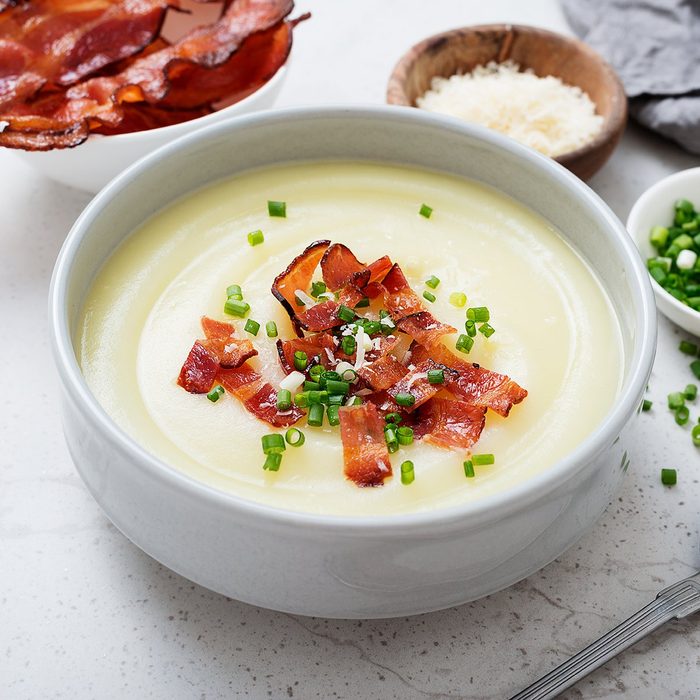 depression-era cooking tips - Potato cream soup with bacon, green onion and cheese.; Shutterstock ID 1492318622; Job (TFH, TOH, RD, BNB, CWM, CM): TOH