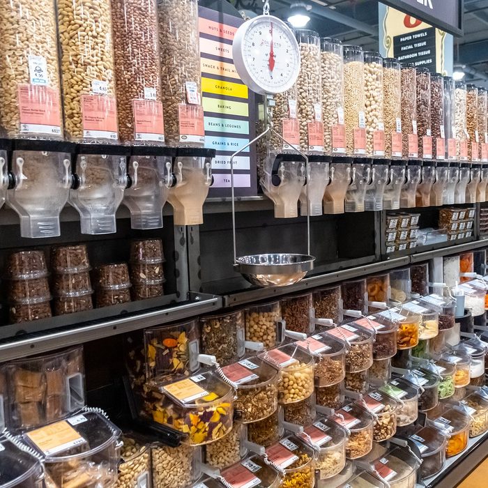 Davis, CA/USA 9/5/2019 Bulk food dispensers of organic healthy nuts, grains, dried fruits, pasta, spices and much more in a supermarket aisle; Shutterstock ID 1496915084; Job (TFH, TOH, RD, BNB, CWM, CM): TOH