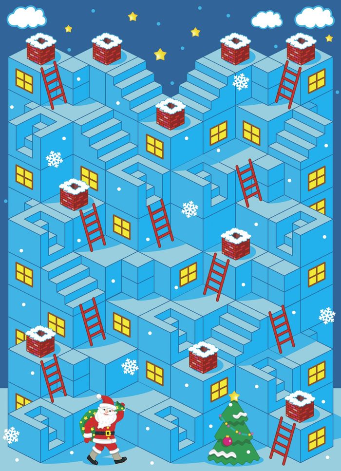 christmas brain teasers - Christmas or New Year themed 3d maze game with stairs, ladders and Santa delivering presents through the chimneys. Answer included.