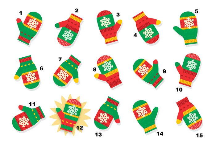 christmas brain teasers - Winter, Christmas or New Year themed visual puzzle (suitable both for kids and adults): Find the mitten that has no pair. Answer included.