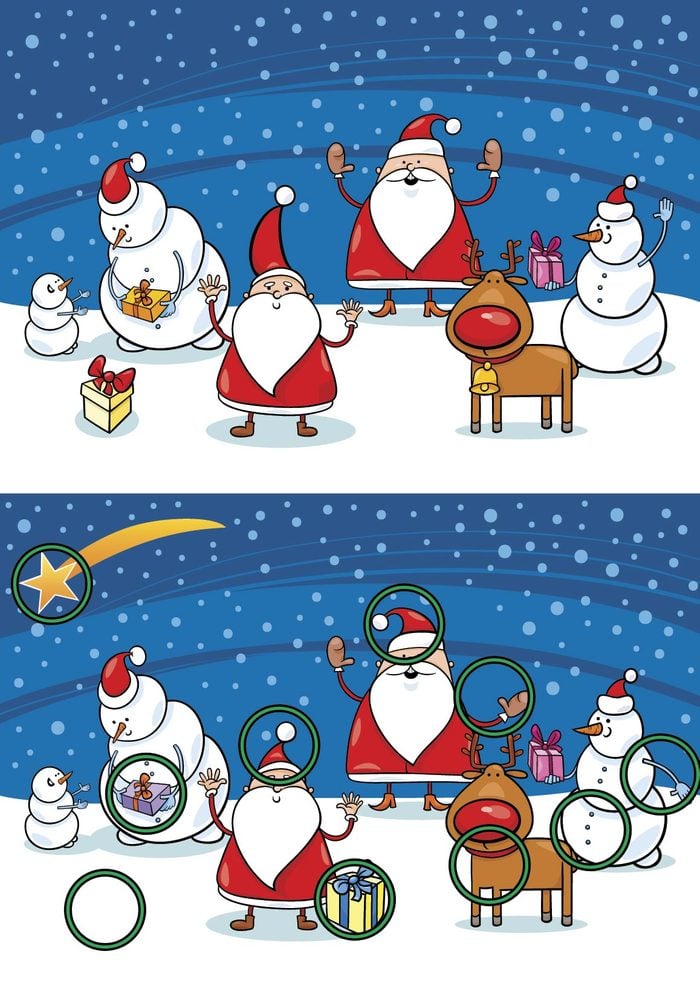 christmas brain teasers - Cartoon Vector Illustration of Differences Educational Game for Preschool Children with Christmas Characters