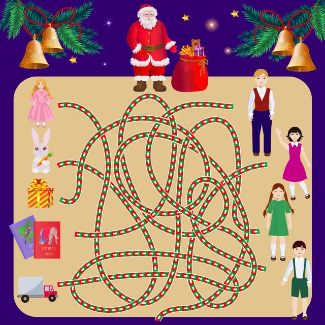 christmas brain teasers - Search path in the maze with Santa Claus. Find a child gift to the owner. Christmas illustration of labyrinth pathfinding for kids.