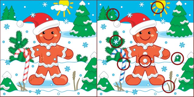  New Year or Christmas visual puzzle: Find the seven differences between the two pictures with ginger man. Answer included. 