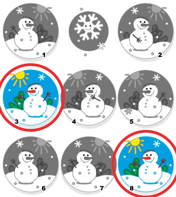 Winter, Christmas or New Year themed visual puzzle with snowmen: Can you spot the two identical pictures? Answer included.