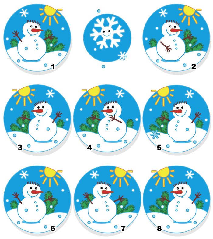 Winter, Christmas or New Year themed visual puzzle with snowmen: Can you spot the two identical pictures? Answer included.