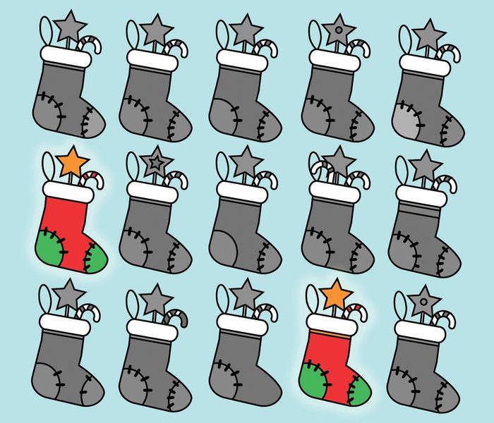christmas brain teasers - Find the same pictures children educational game. Find equal pairs of christmas socks kids activity. New Year winter holidays theme.