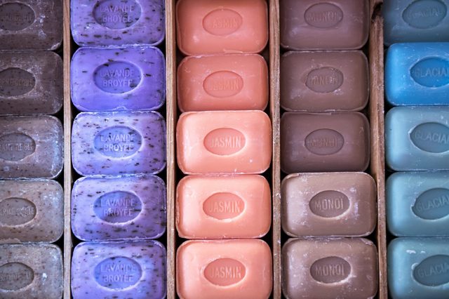 Rows of colorful traditional French Marseille soap