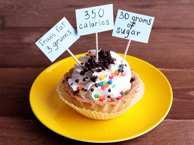 Cupcake with calorie and sugar count labels