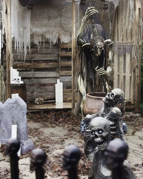 A creepy Halloween display with skeletons and candles