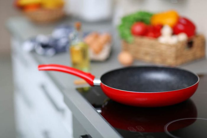 Empty frying pan on stove, closeup