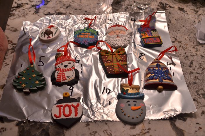 Christmas tree decorations laid out on a piece of foil