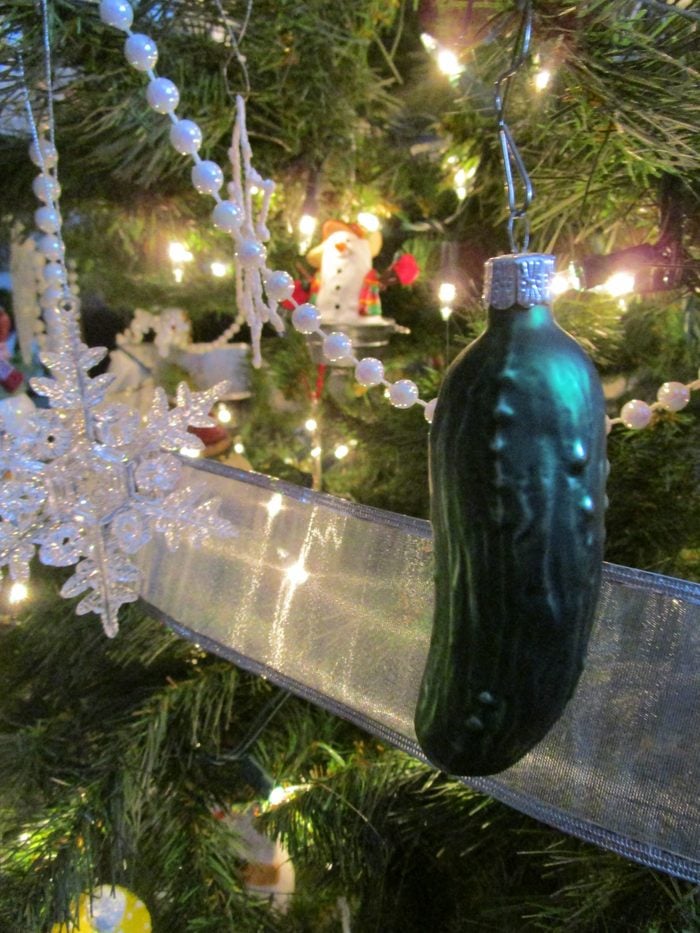 A green pickle Christmas tree ornament