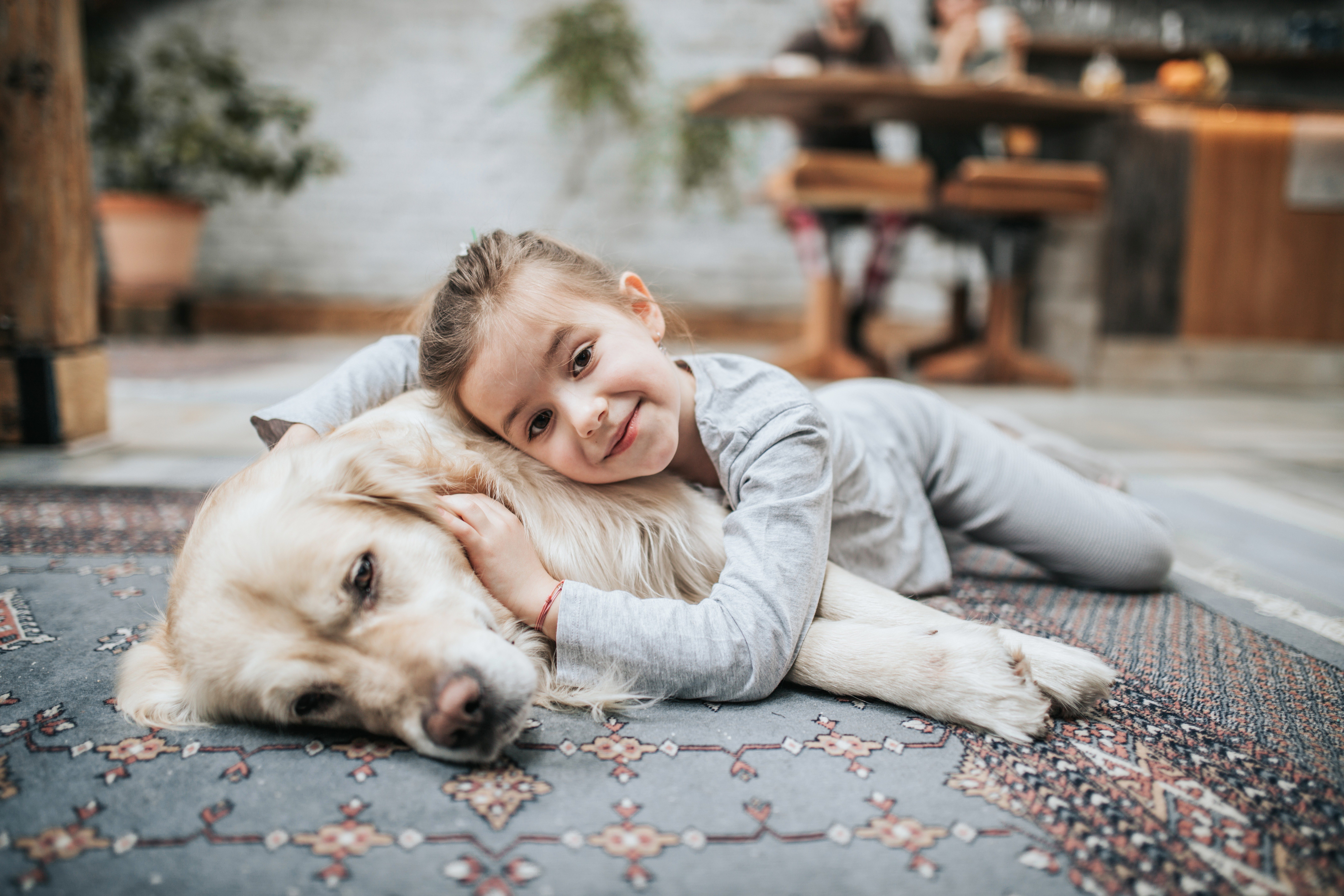 Smiling girl and her golden retriever on carpet at home.