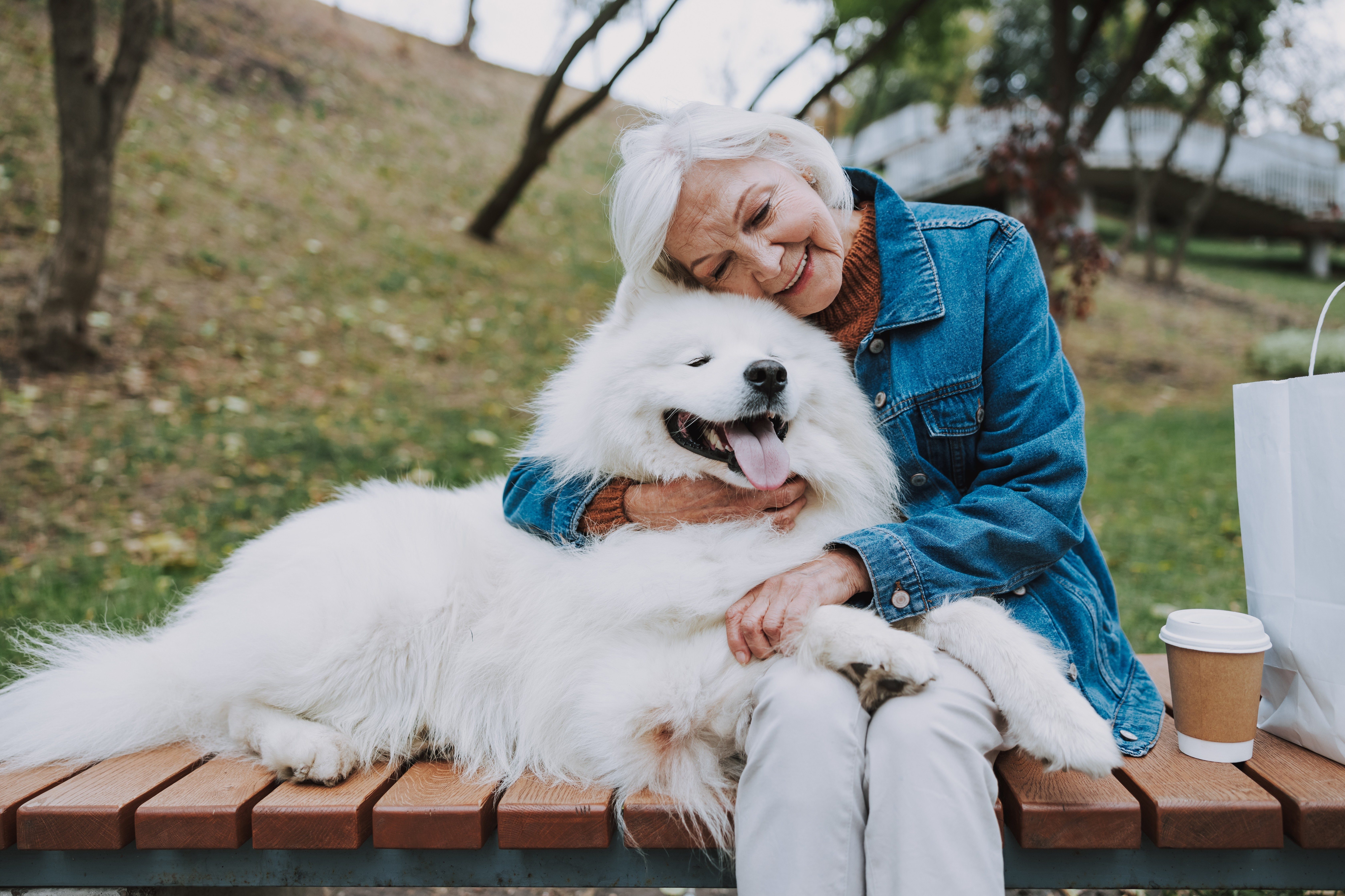 Caucasian smiling woman sitting on bench with dog