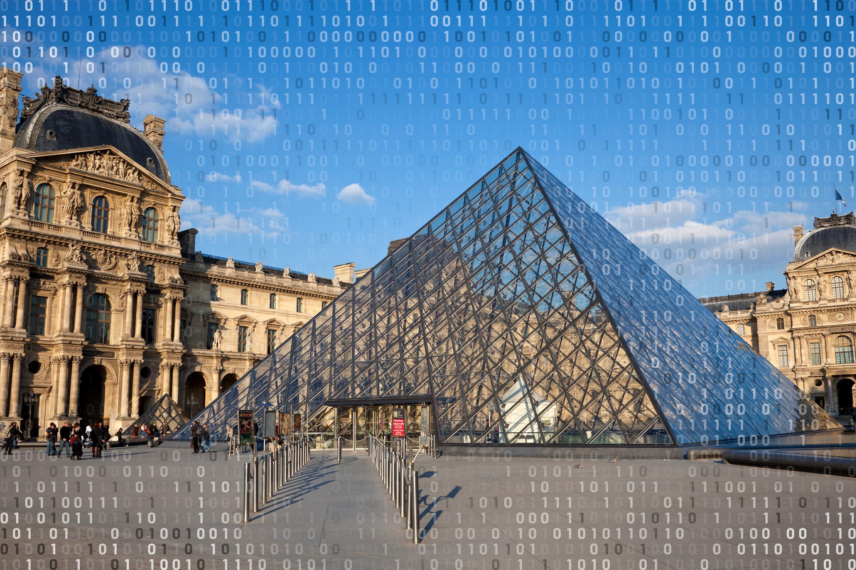 the louvre exterior with computer code overlay