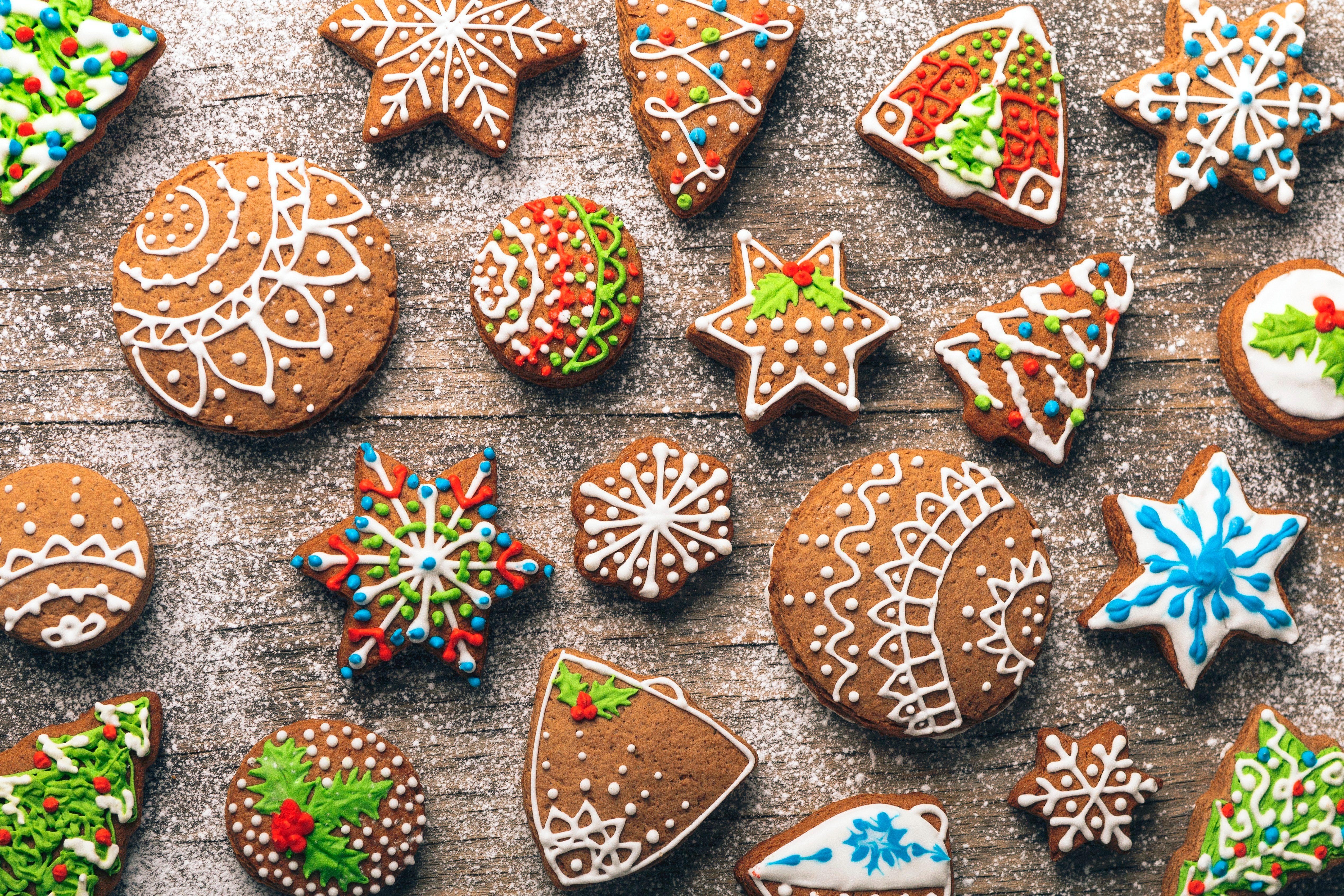 Christmas gingerbread cookies on wooden table