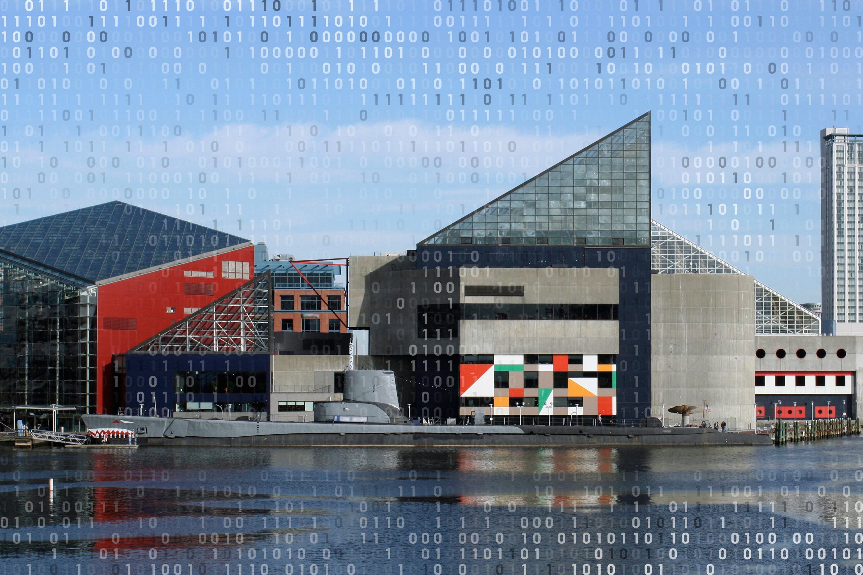 the national aquarium in baltimore maryland with computer code overlay