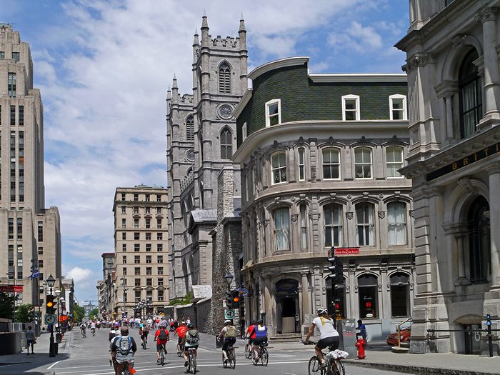 Riding bicycles through downtown Montreal 