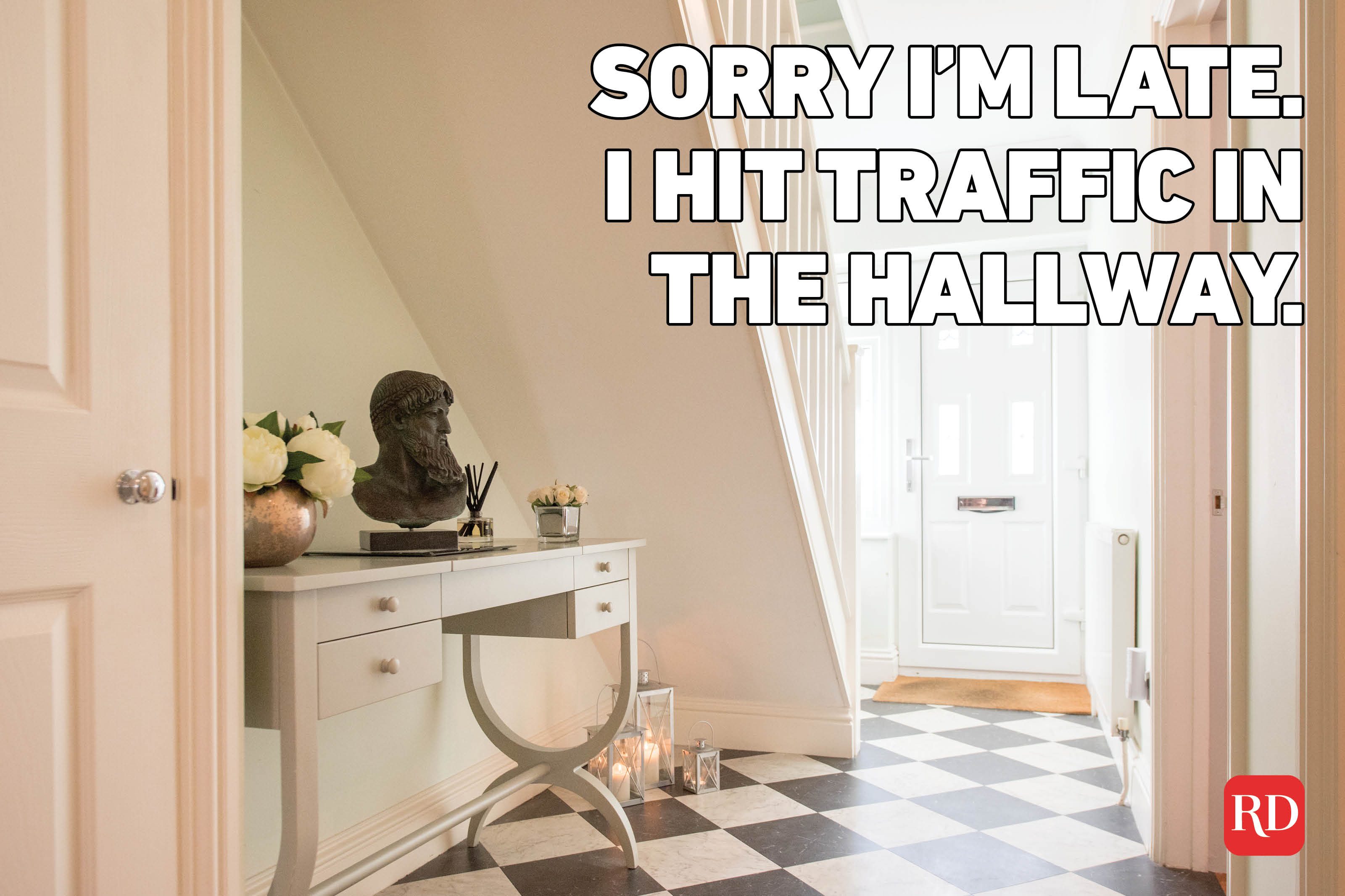 Meme text over image of a house entryway