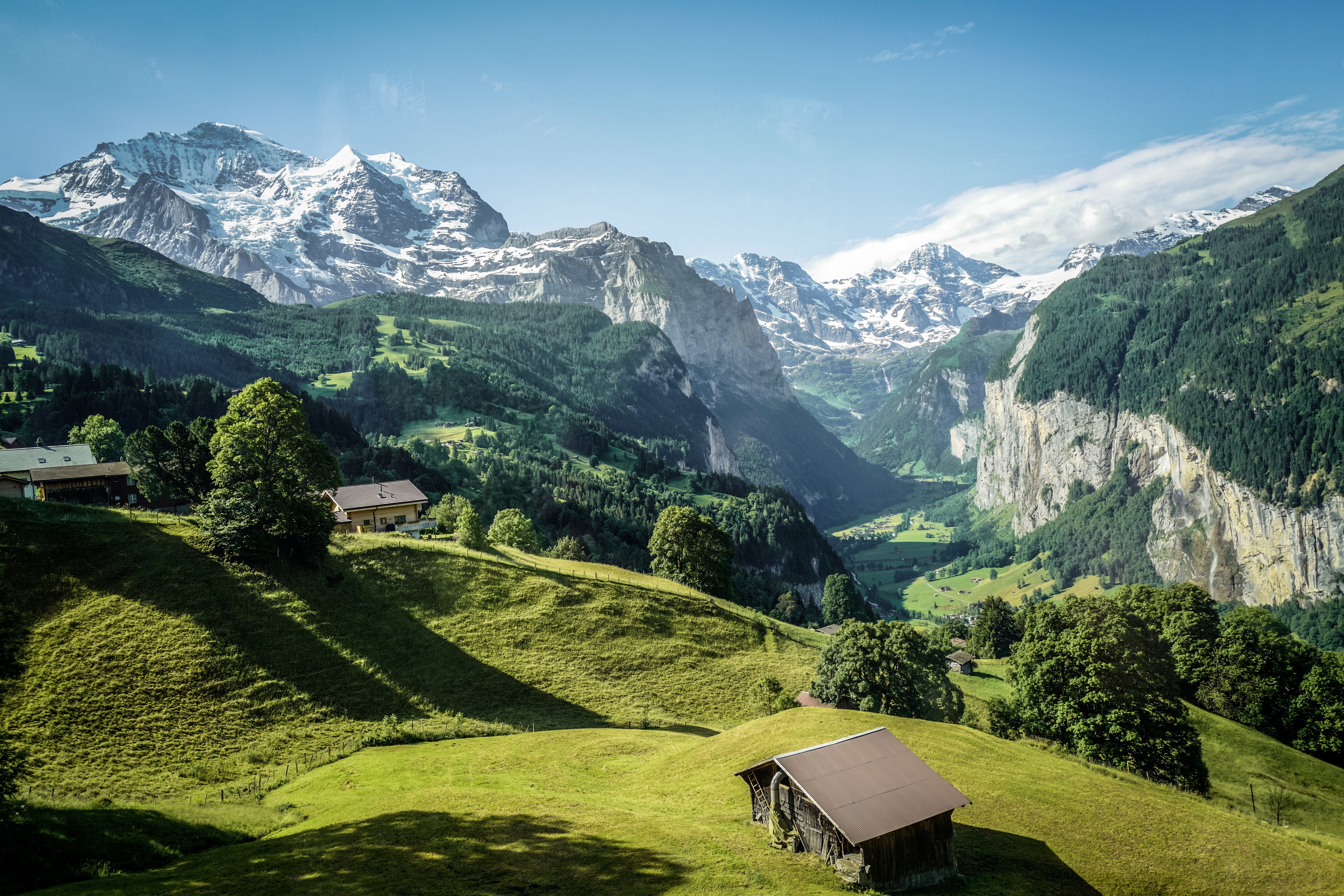 Famous Jungfrau mountain with forest and valley, Swiss Bernese Alps, Switzerland