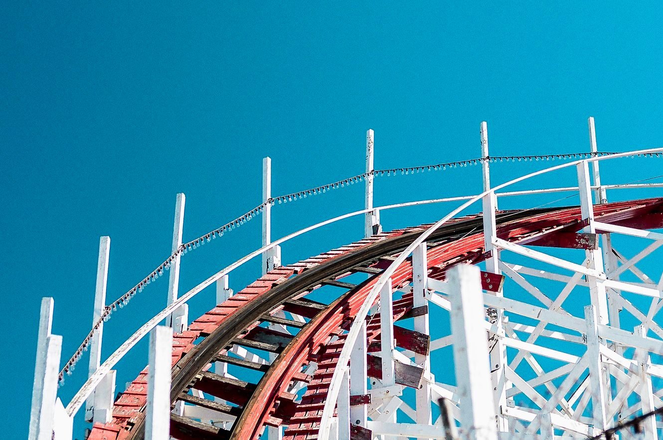 Low angle view of roller coaster track against clear blue sky