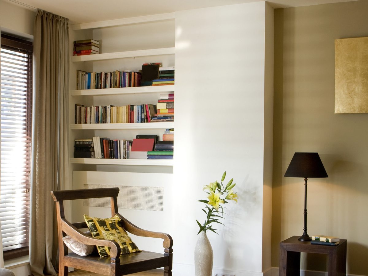 In-wall bookcase in living room