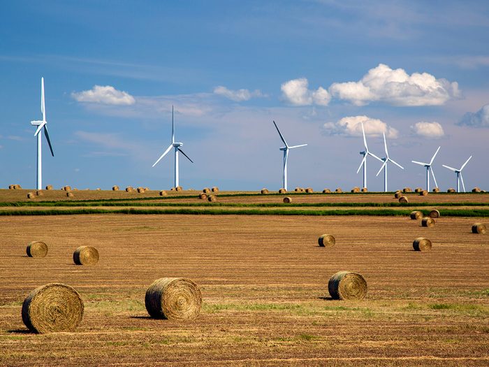 Summer Canada 2021 forecast - Wind turbines and hay bales on Prairies