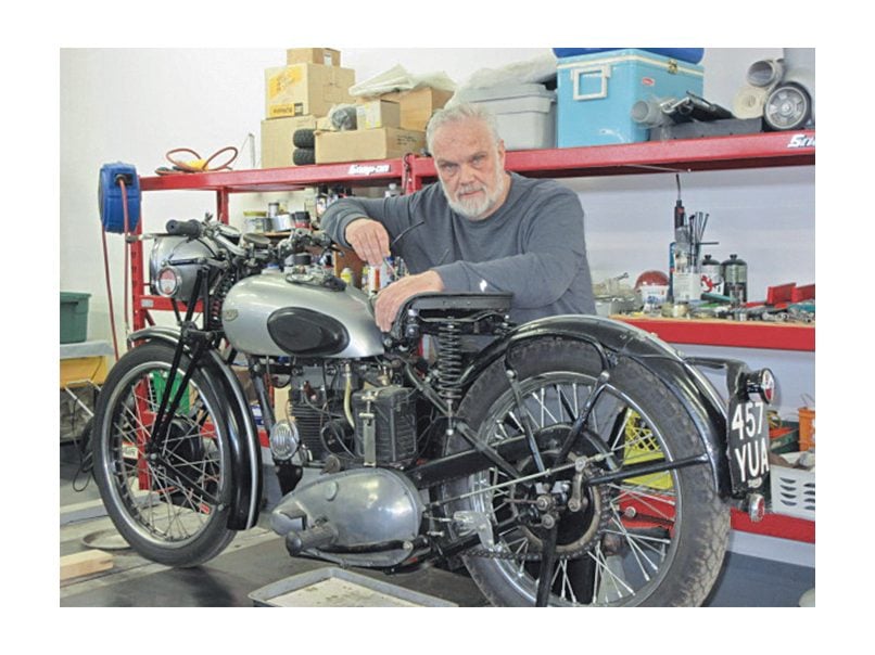 Kevin Browne with his 1935 Triumph T70 Tiger motorcycle