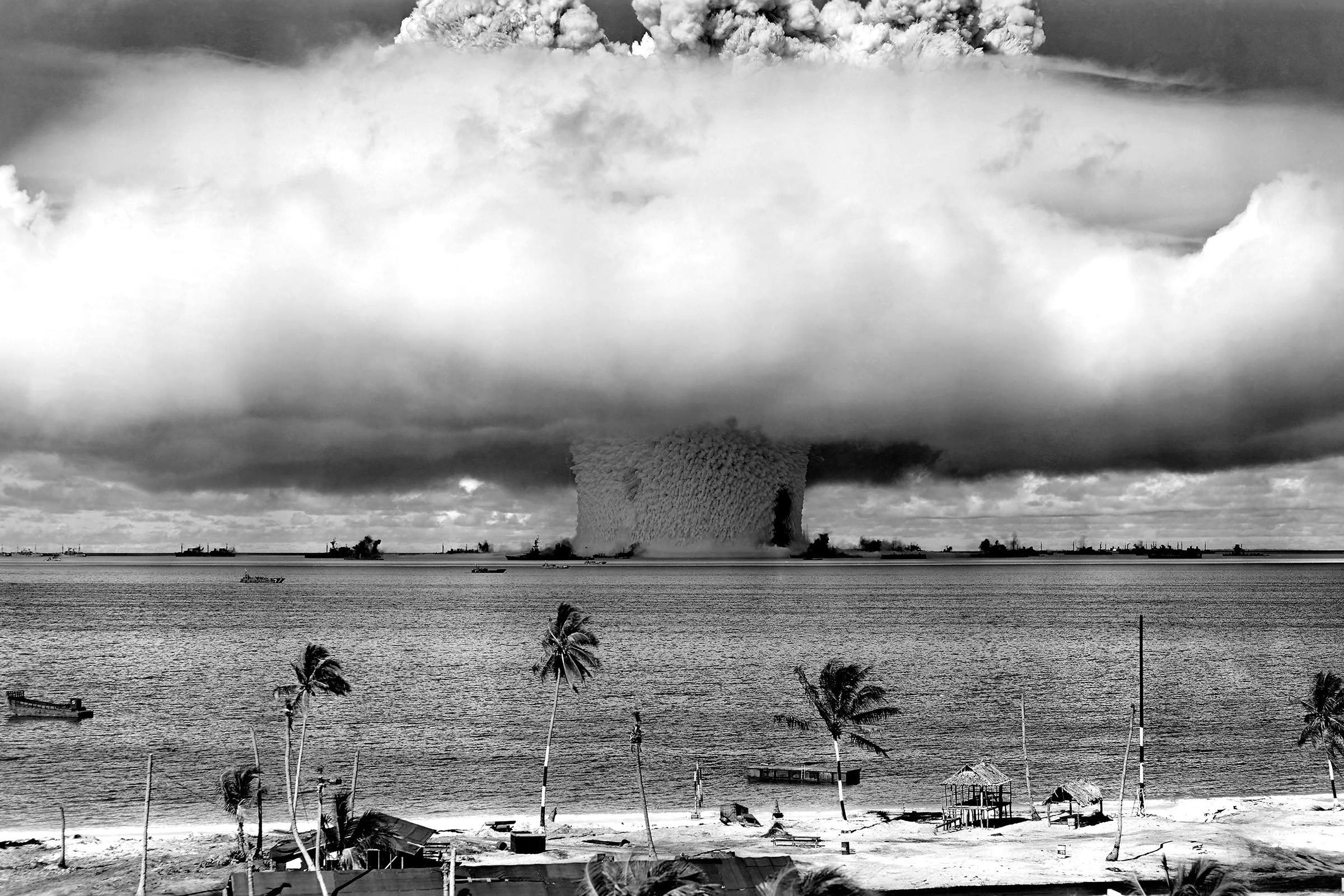 United States detonating an atomic bomb at Bikini Atoll in Micronesia in the first underwater test of the device, 1946.