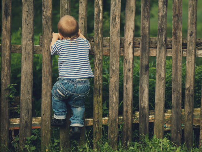 Little boy climbing a wooden fence