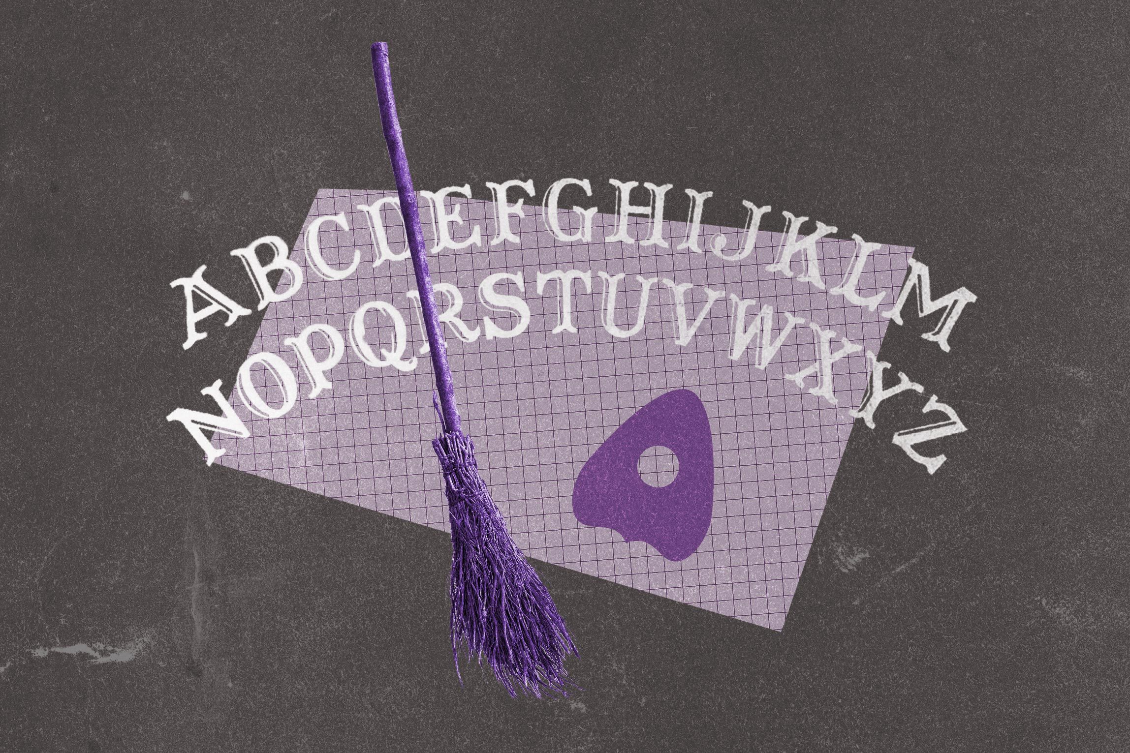 Collage of witch's broom and planchette overlaid with ouija board lettering.