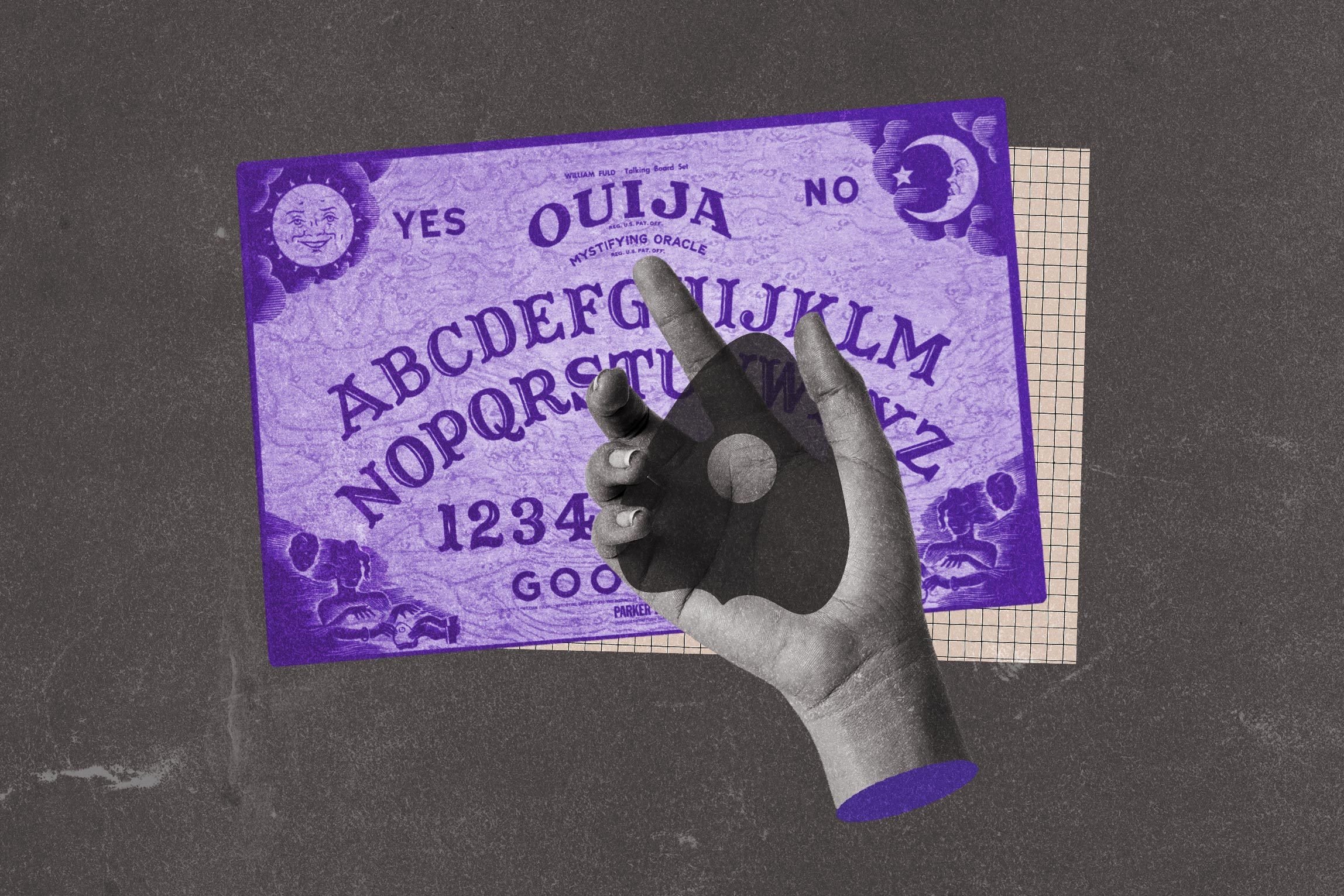 Collage of ouija board, hand, and planchette.