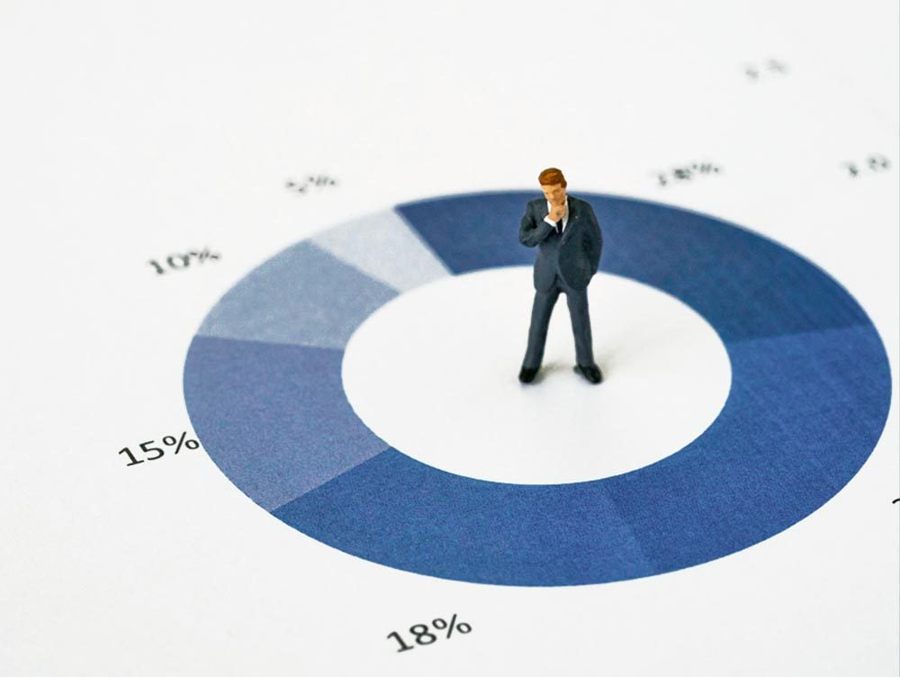 Miniature people with small figure businessman standing at the center of printed analysis pie chart graph as business leader decision for success concept.